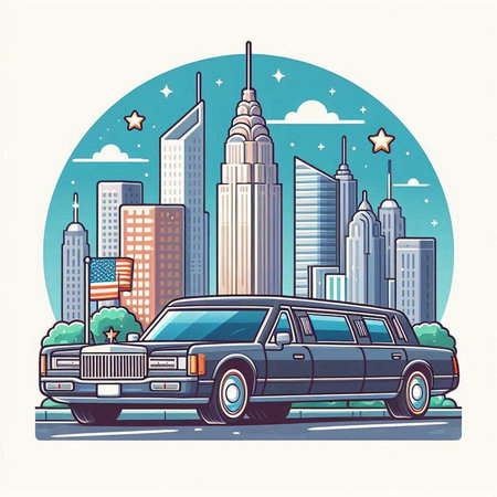 Retro limousine on the background of the city. Vector illustrationのイラスト素材