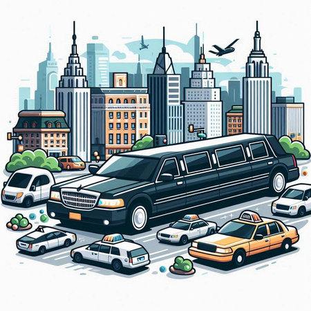 Cityscape with limousine, cars and people. Vector illustration.のイラスト素材