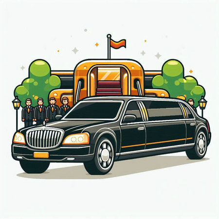 Vector illustration of a limousine with a group of people in the background.のイラスト素材