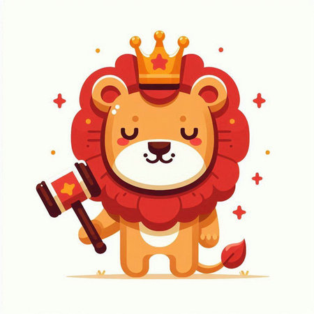 Lion with crown and gavel. Vector cartoon character illustration.のイラスト素材