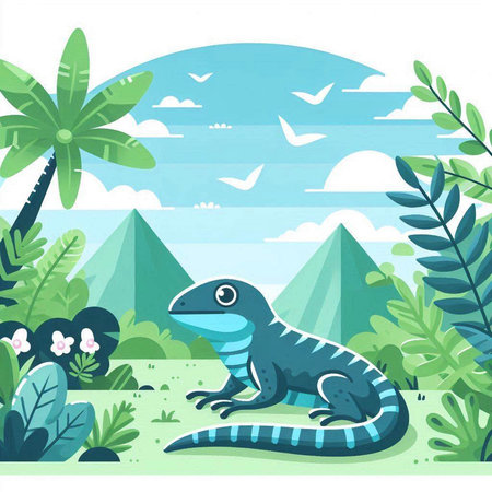 Vector illustration of a lizard on the background of the mountains and palm treesのイラスト素材