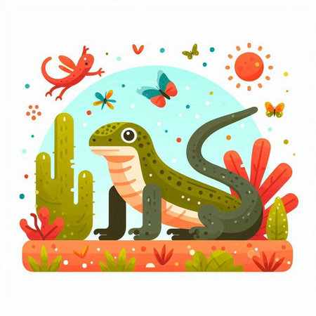 Cute cartoon lizard on the background of cactuses. Vector illustrationのイラスト素材