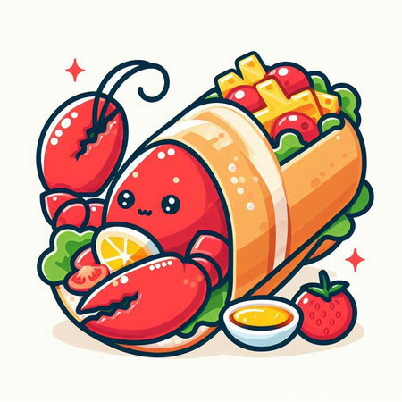 Cartoon vector illustration of hot dog with crab, lemon and vegetablesのイラスト素材