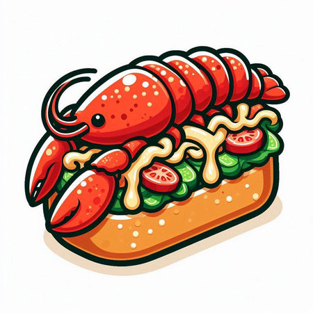 Illustration of a lobster with tomato sauce and lettuce on a sandwichのイラスト素材