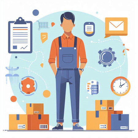 Delivery and logistics concept. Man in uniform standing near boxes. Vector illustrationのイラスト素材