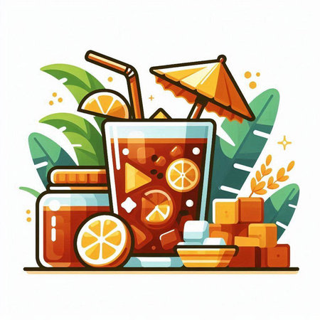 Orange juice with ice cubes, lemon and honey. Vector illustration.のイラスト素材