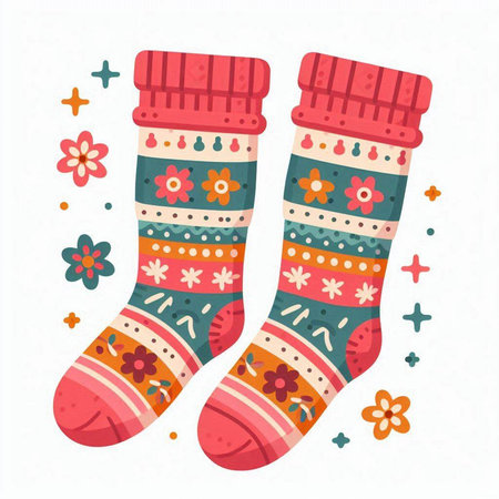 Cute hand drawn Christmas socks with floral ornament. Vector illustration.のイラスト素材