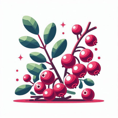 Cranberry vector illustration. Red berry with green leaves.のイラスト素材