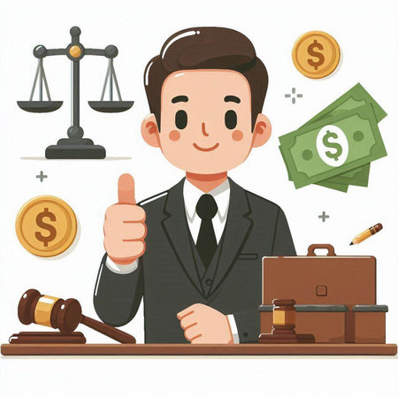 Male lawyer with money and gavel. Vector illustration on white background.のイラスト素材