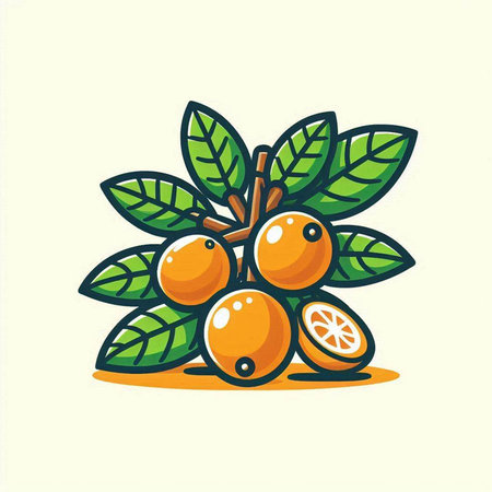 Cartoon orange fruit with leaves on white background, vector illustration.のイラスト素材