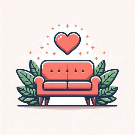 Couch with heart and leaves. Vector illustration in flat style.のイラスト素材