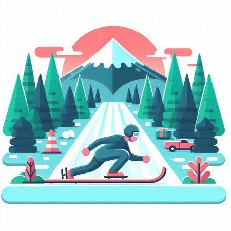 Snowboarder on a road in the mountains. Flat vector illustration.のイラスト素材