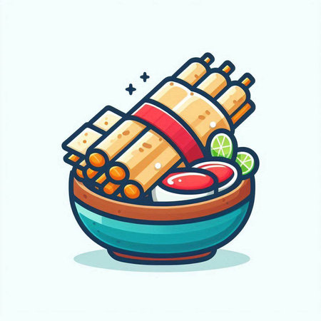 Illustration of a bowl of sushi and rolls. Japanese food.のイラスト素材