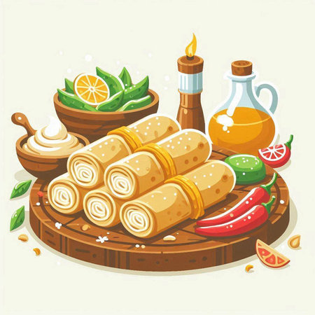 Vector illustration of rolled pancakes on wooden board with ingredients for cooking.のイラスト素材