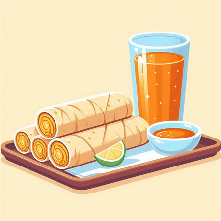 Crispy rolls with jam and glass of juice. Vector illustrationのイラスト素材