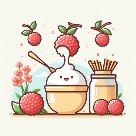 Yogurt with raspberries and jam in a glass jar. Vector illustration.のイラスト素材