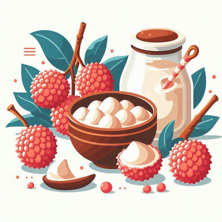 Litchi vector illustration. Fresh lychee fruit in a wooden bowl with a jar of litchi syrup.のイラスト素材