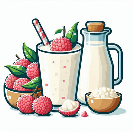 Vector illustration of fresh milk with raspberries and sour cream in a glass and in a jar.のイラスト素材