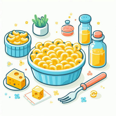 Illustration of a bowl of macaroni, cheese and condimentsのイラスト素材