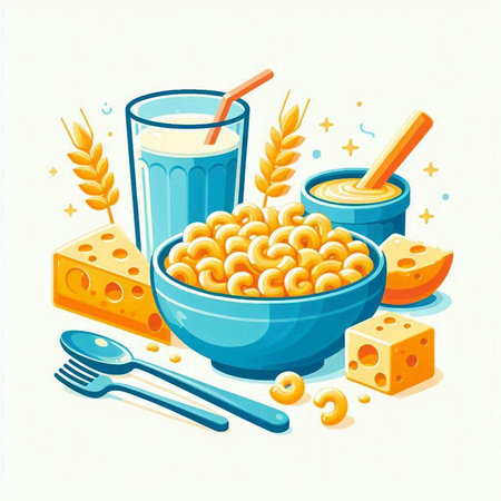 Vector illustration of a bowl of cereal with milk, cheese and spoonのイラスト素材