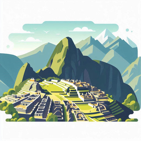 Vector illustration of a village in the mountains. Landscape with mountains.のイラスト素材
