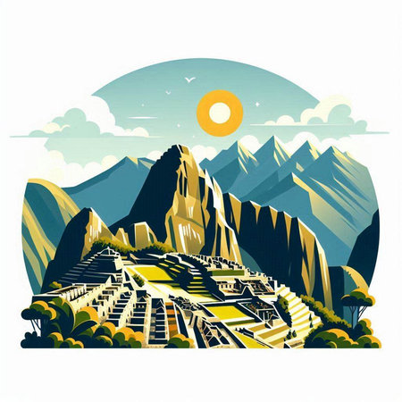 Landscape with mountains and sun in retro style. Vector illustration.のイラスト素材