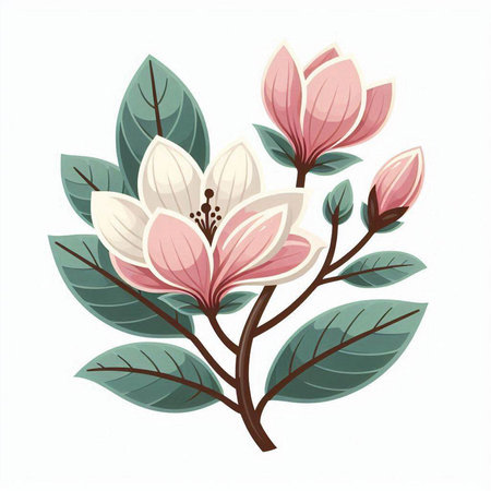 Magnolia flowers isolated on white background. Vector illustration in cartoon style.のイラスト素材