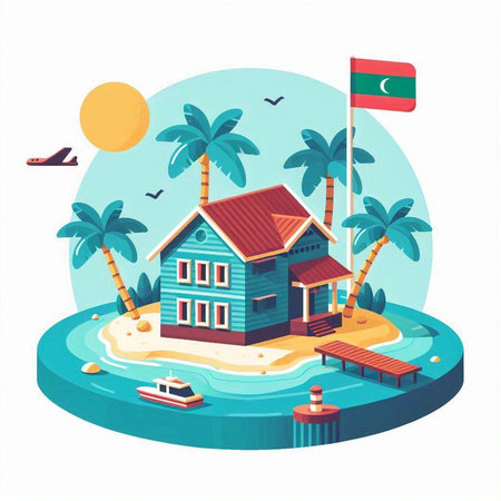 Beach house on the island. Vector illustration in flat style.のイラスト素材