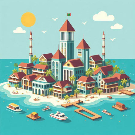 island with mosque and boats in the sea. Vector illustration.のイラスト素材