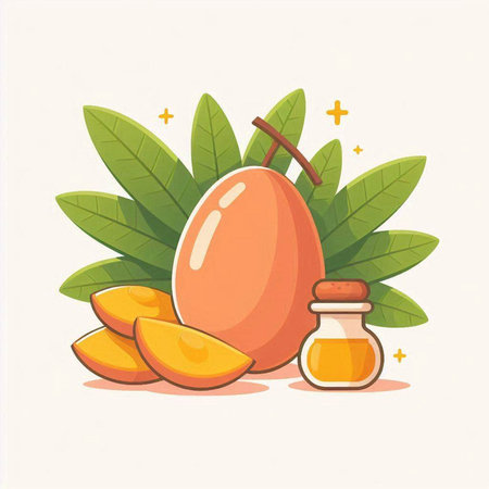 Mango fruit and essential oil in a glass bottle. Vector illustration.のイラスト素材