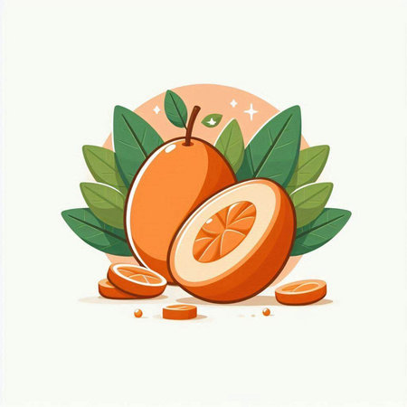Fresh kumquat fruit with leaves and slices. Vector illustration.のイラスト素材
