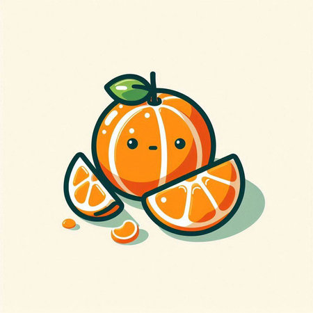Cute cartoon tangerine character with sliced orange fruit. Vector illustration.のイラスト素材