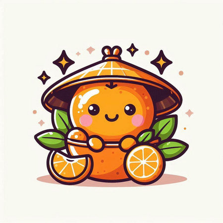 Cute tangerine fruit character in cartoon style. Vector illustration.のイラスト素材