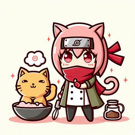 Cute cat chef with a bowl of food. Vector illustration.のイラスト素材