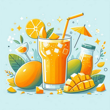 Mango smoothie with ice cubes and fruits. Vector illustration.のイラスト素材