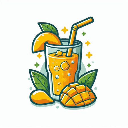 Mango juice in a glass with a straw. Vector illustration.のイラスト素材