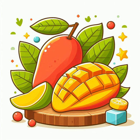 Mango fruit on white background. Vector illustration in cartoon style.のイラスト素材