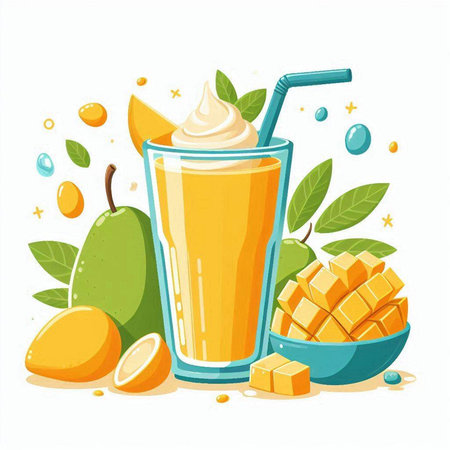 Mango smoothie in a glass with a straw. Vector illustration.のイラスト素材