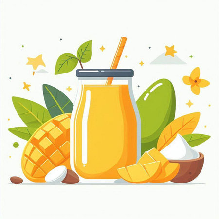 Mango smoothie in a glass jar with a straw. Vector illustration.のイラスト素材