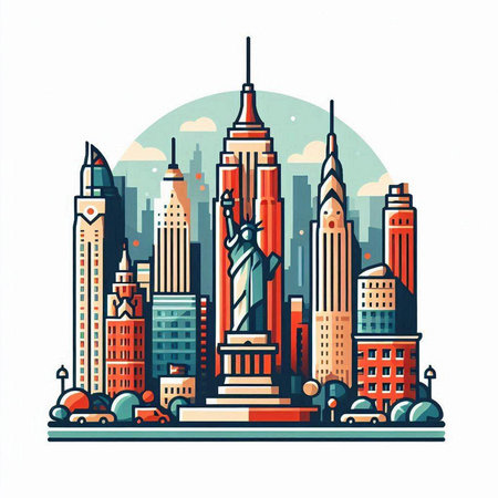 New York City skyline with skyscrapers. Vector illustration in flat style.のイラスト素材