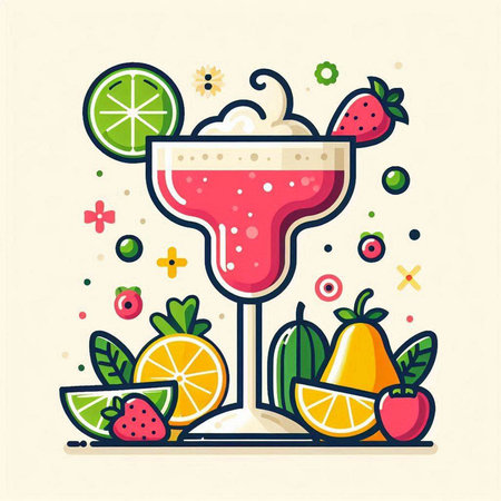 Cocktail with fruits and berries. Colorful flat vector illustration.のイラスト素材