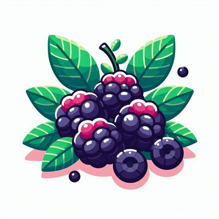 Blackberries with leaves on a white background. Vector illustration in cartoon style.のイラスト素材