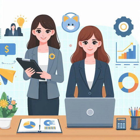 Two business women working in the office. Teamwork concept. Vector illustration.のイラスト素材