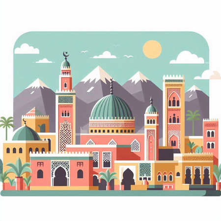 Vector illustration of the cityscape with mosque and mountains in flat styleのイラスト素材