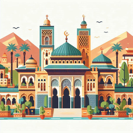 Vector illustration of islamic mosque in flat style. Islamic architecture.のイラスト素材