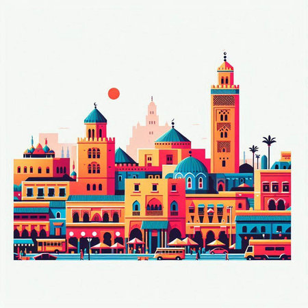 Colorful cityscape with mosque and minarets. Vector illustration.のイラスト素材