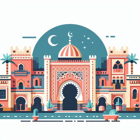 Vector illustration of mosque in flat style. Ramadan Kareem greeting card.のイラスト素材
