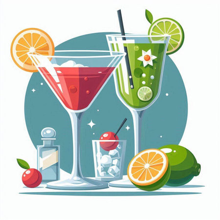 Cocktails set with lime, orange and ice. Vector illustrationのイラスト素材