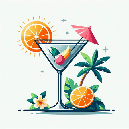 Cocktail and tropical fruits. Vector illustration in flat style.のイラスト素材