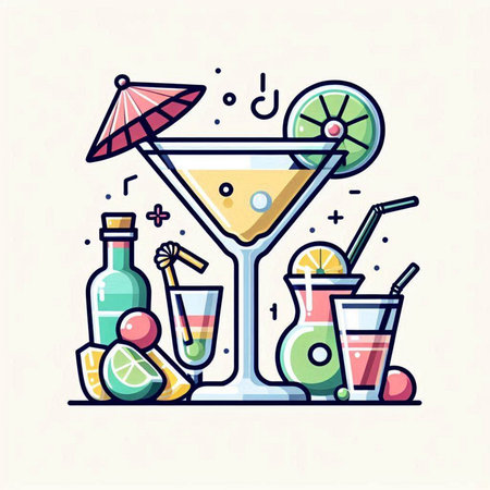 Cocktail icon set in line style. Vector illustration. Flat design.のイラスト素材